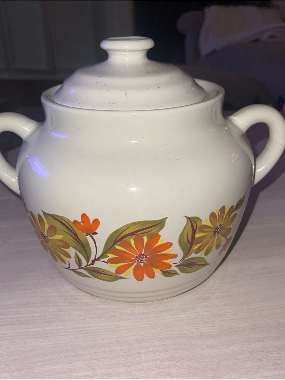 White Ceramic Sugar Bowl with Orange & Green Floral Motif
